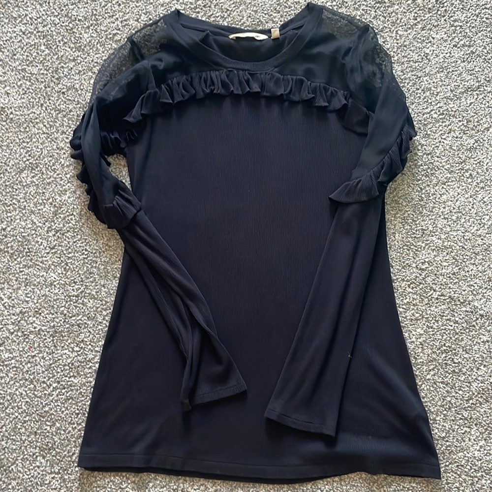 Soft Surroundings Sheer Lace and Ruffle Ribbed Top